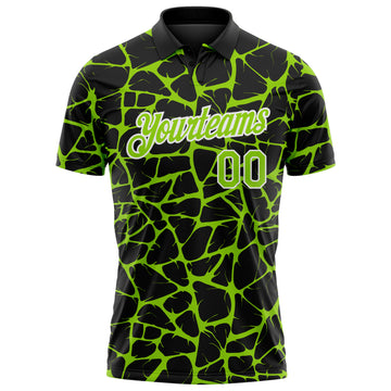 Custom Black Neon Green-White 3D Pattern Abstract Network Crackle Performance Polo Shirt