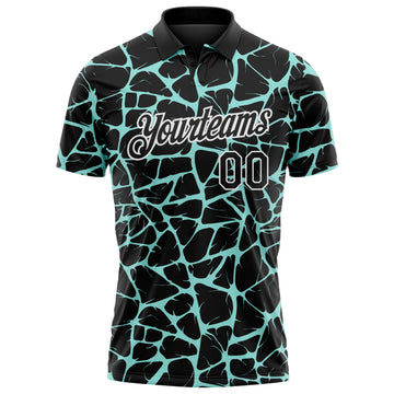 Custom Black Ice Blue-White 3D Pattern Abstract Network Crackle Performance Polo Shirt