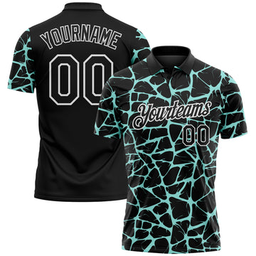Custom Black Ice Blue-White 3D Pattern Abstract Network Crackle Performance Polo Shirt