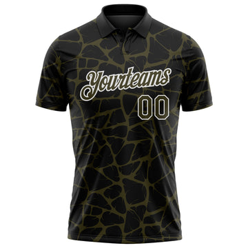 Custom Black Olive-White 3D Pattern Abstract Network Crackle Performance Polo Shirt