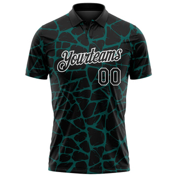 Custom Black Midnight Green-White 3D Pattern Abstract Network Crackle Performance Polo Shirt