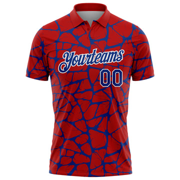 Custom Red Royal-White 3D Pattern Abstract Network Crackle Performance Polo Shirt