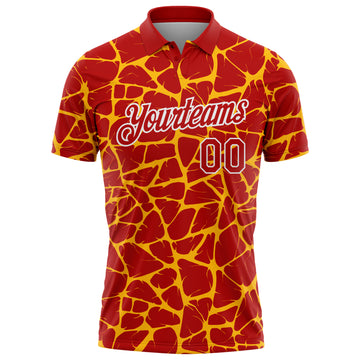 Custom Red Gold-White 3D Pattern Abstract Network Crackle Performance Polo Shirt