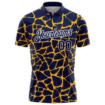 Custom Navy Gold-White 3D Pattern Abstract Network Crackle Performance Polo Shirt
