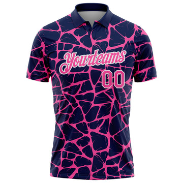 Custom Navy Pink-White 3D Pattern Abstract Network Crackle Performance Polo Shirt