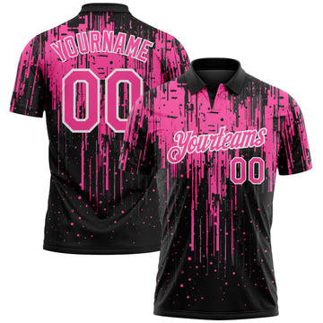 Custom Black Pink-White Dripping Splatter Paint Performance Polo Shirt