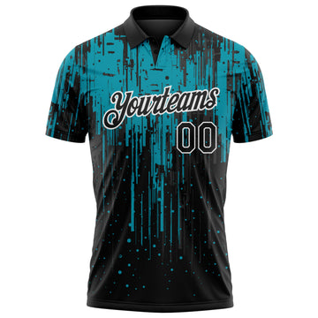 Custom Black Teal-White Dripping Splatter Paint Performance Polo Shirt