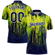 Laden Sie das Bild in den Galerie-Viewer, Custom Navy Neon Green Neon Yellow-White Dripping Splatter Paint Performance Polo Shirt
