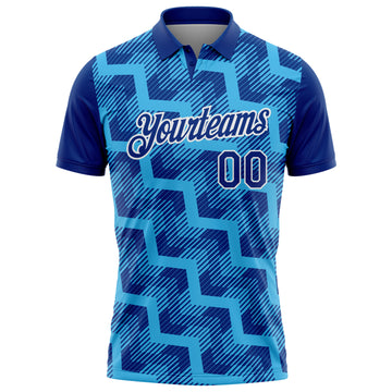 Custom Royal Sky Blue-White Geometric Block Diagonal Line Hatching Performance Polo Shirt