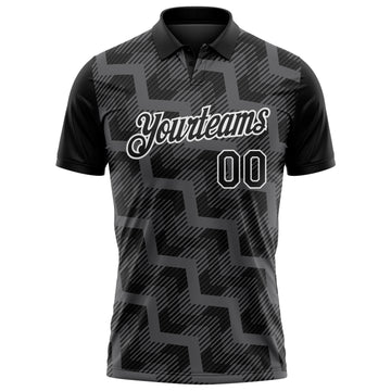 Custom Black Steel Gray-White Geometric Block Diagonal Line Hatching Performance Polo Shirt