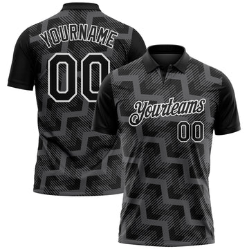 Custom Black Steel Gray-White Geometric Block Diagonal Line Hatching Performance Polo Shirt