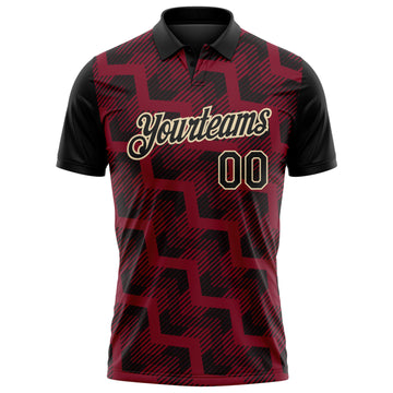 Custom Black Crimson-Cream Geometric Block Diagonal Line Hatching Performance Polo Shirt