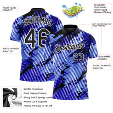 Laden Sie das Bild in den Galerie-Viewer, Custom Black Light Blue-White Abstract Grunge Splatter Diagonal Stripe Performance Polo Shirt
