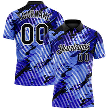 Laden Sie das Bild in den Galerie-Viewer, Custom Black Light Blue-White Abstract Grunge Splatter Diagonal Stripe Performance Polo Shirt
