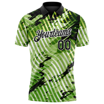 Custom Black Neon Green-White Abstract Grunge Splatter Diagonal Stripe Performance Polo Shirt