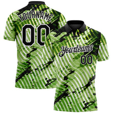 Laden Sie das Bild in den Galerie-Viewer, Custom Black Neon Green-White Abstract Grunge Splatter Diagonal Stripe Performance Polo Shirt
