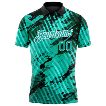 Custom Black Aqua-White Abstract Grunge Splatter Diagonal Stripe Performance Polo Shirt