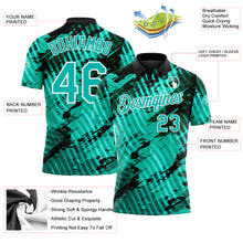 Laden Sie das Bild in den Galerie-Viewer, Custom Black Aqua-White Abstract Grunge Splatter Diagonal Stripe Performance Polo Shirt
