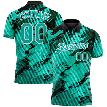 Custom Black Aqua-White Abstract Grunge Splatter Diagonal Stripe Performance Polo Shirt