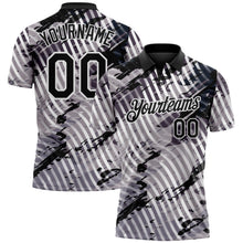 Laden Sie das Bild in den Galerie-Viewer, Custom Black Gray-White Abstract Grunge Splatter Diagonal Stripe Performance Polo Shirt
