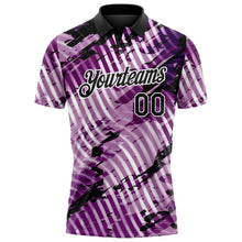 Laden Sie das Bild in den Galerie-Viewer, Custom Black Light Purple-White Abstract Grunge Splatter Diagonal Stripe Performance Polo Shirt
