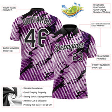 Laden Sie das Bild in den Galerie-Viewer, Custom Black Light Purple-White Abstract Grunge Splatter Diagonal Stripe Performance Polo Shirt
