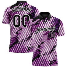 Laden Sie das Bild in den Galerie-Viewer, Custom Black Light Purple-White Abstract Grunge Splatter Diagonal Stripe Performance Polo Shirt
