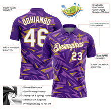Load image into Gallery viewer, Custom Purple White Medium Purple-Old Gold Cyber Mecha E-sport Geometric Shards Spike Performance Polo Shirt
