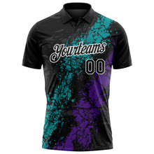 Laden Sie das Bild in den Galerie-Viewer, Custom Black Teal Purple-White Dripping Splatter Cracked Texture Performance Polo Shirt

