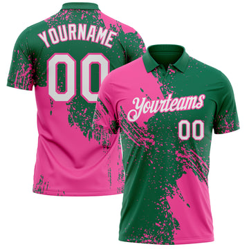 Custom Kelly Green White-Pink Distressed Scratch Brush Stroke Performance Polo Shirt