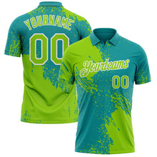 Laden Sie das Bild in den Galerie-Viewer, Custom Teal Neon Green-White Distressed Scratch Brush Stroke Performance Polo Shirt
