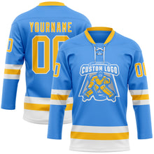 Laden Sie das Bild in den Galerie-Viewer, Custom Sky Blue Gold-White Hockey Lace Neck Jersey
