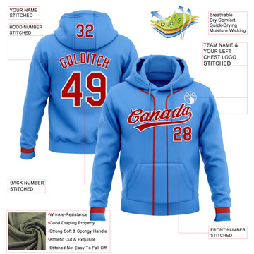 Custom Stitched Powder Blue Red-White Baseball Pullover Sweatshirt Hoodie