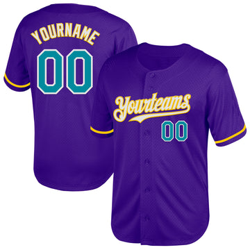 Custom Purple Teal-Yellow Mesh Authentic Throwback Baseball Jersey