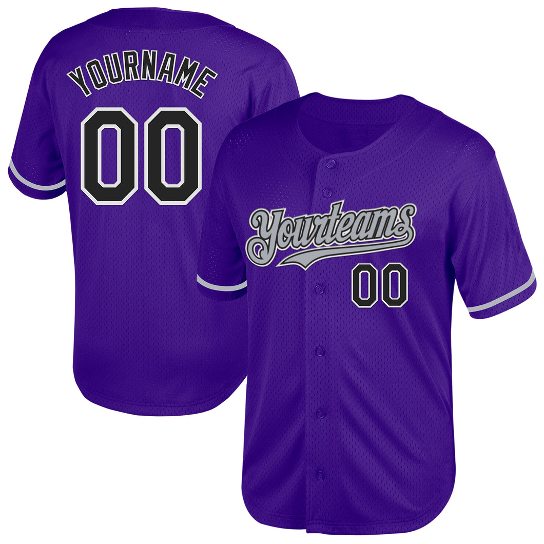 Custom Purple Black-Gray Mesh Authentic Throwback Baseball Jersey