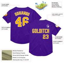 Load image into Gallery viewer, Custom Purple Gold-White Mesh Authentic Throwback Baseball Jersey
