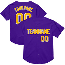 Load image into Gallery viewer, Custom Purple Gold-White Mesh Authentic Throwback Baseball Jersey
