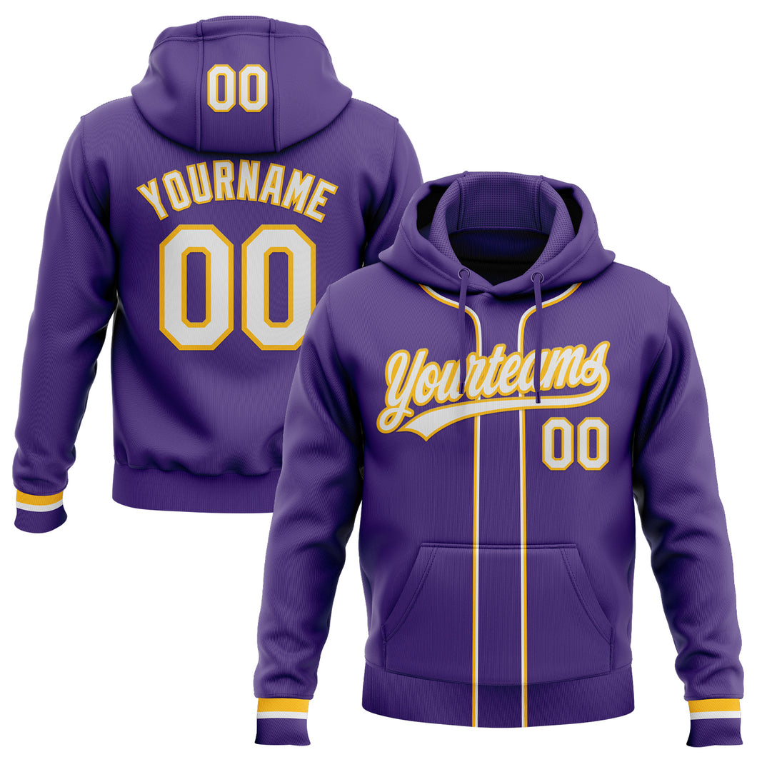 Custom Stitched Purple White-Gold Baseball Pullover Sweatshirt Hoodie
