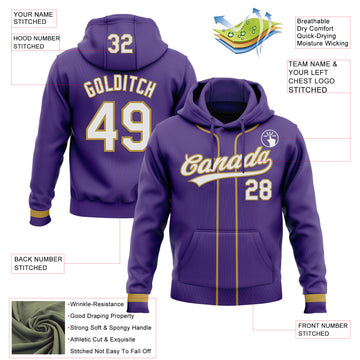 Custom Stitched Purple White-Old Gold Baseball Pullover Sweatshirt Hoodie