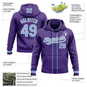 Custom Stitched Purple Light Blue-White Baseball Pullover Sweatshirt Hoodie