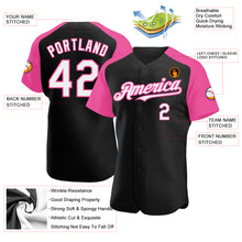 Laden Sie das Bild in den Galerie-Viewer, Custom Black White-Pink Authentic Raglan Sleeves Baseball Jersey
