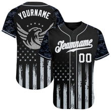 Charger l'image dans la galerie, Custom Black White-Gray Camo Raglan Sleeves American Flag Eagle Patriotic Authentic Baseball Jersey

