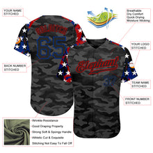 Laden Sie das Bild in den Galerie-Viewer, Custom Camo Black Royal-Red American Flag Star Raglan Sleeves Patriotic Authentic Baseball Jersey
