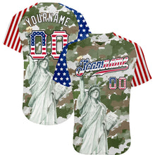 Laden Sie das Bild in den Galerie-Viewer, Custom Camo USA Flag Red Blue Black-White Statue Of Liberty Patriotic Stars &amp; Stripes Raglan Sleeves Authentic Baseball Jersey
