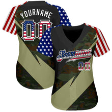 Laden Sie das Bild in den Galerie-Viewer, Custom Camo USA Flag Red Blue Black-White Patriotic Stars &amp; Stripes Raglan Sleeves Authentic Baseball Jersey
