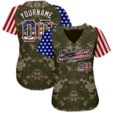 Custom Camo USA Flag Red Blue Brown-White Patriotic Mosaic Camouflage Stars & Stripes Raglan Sleeves Authentic Baseball Jersey