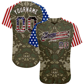 Custom Camo USA Flag Red Blue Brown-White Patriotic Mosaic Camouflage Stars & Stripes Raglan Sleeves Authentic Baseball Jersey