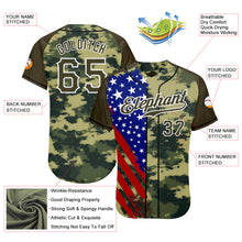 Load image into Gallery viewer, Custom Camo Olive Red Blue Black-White American Flag Side Stripe Patriotic Digital Woodland Camouflage Raglan Sleeves Authentic Baseball Jersey
