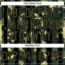 Load image into Gallery viewer, Custom Camo Olive-Black Distressed American Flag Patriotic Raglan Sleeves Authentic Baseball Jersey
