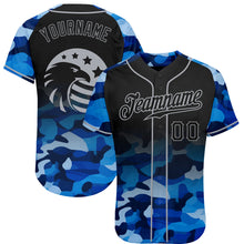 Load image into Gallery viewer, Custom Camo Black-Gray American Flag Patriotic Eagle Raglan Sleeves Authentic Baseball Jersey
